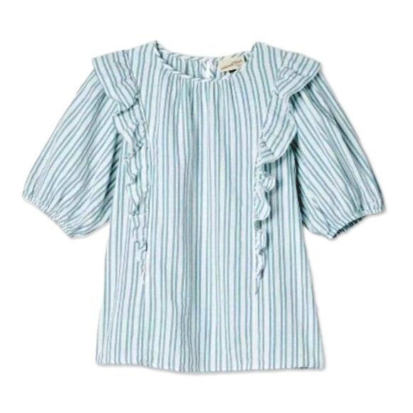 NWT Blue Striped Puff Short-Sleeve Ruffle Blouse - Women's Sizes XS, S Tops - Picture 1 of 4